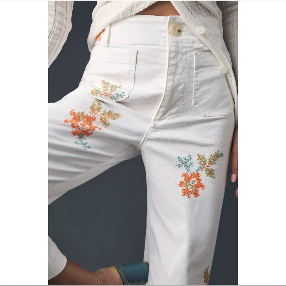 Maeve Anthropologie Colette Jeans 30 White Floral Embroidered Crop Wide Leg Boho - Picture 3 of 16